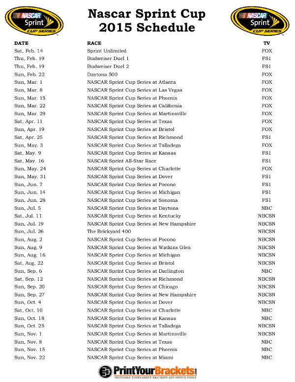 2015 NASCAR Sprint Cup Series Schedule: Key Dates & Race Locations