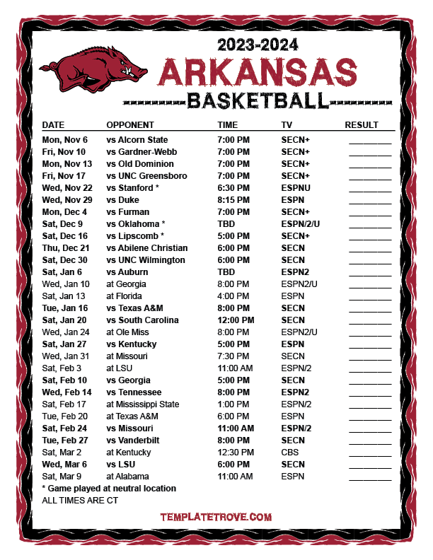 Arkansas Basketball Schedule 2023-2024: Complete Game Dates and Times
