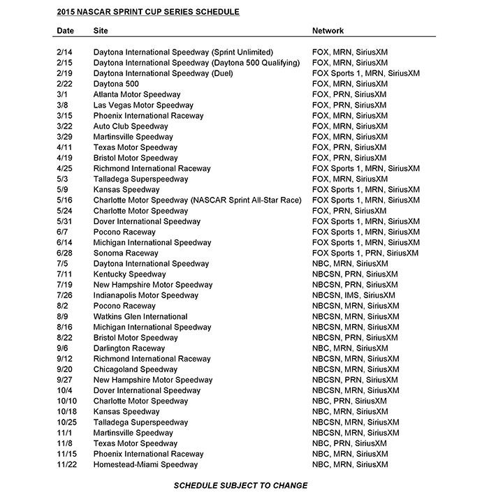 2015 NASCAR Sprint Cup Series Schedule: Key Dates & Race Locations