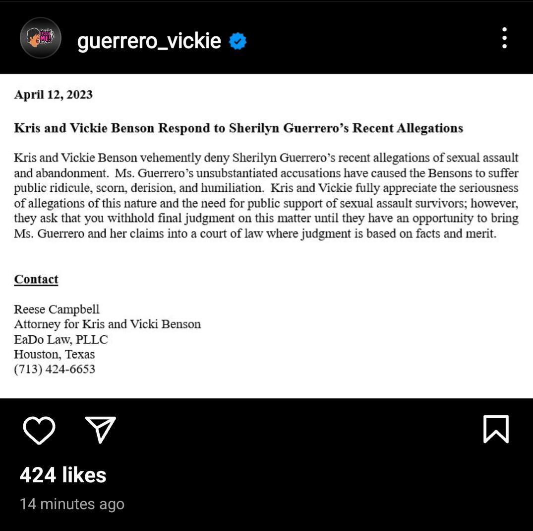 Kris Bensons Statement on Sexual Assault Allegations by Vickie Guerreros Daughter